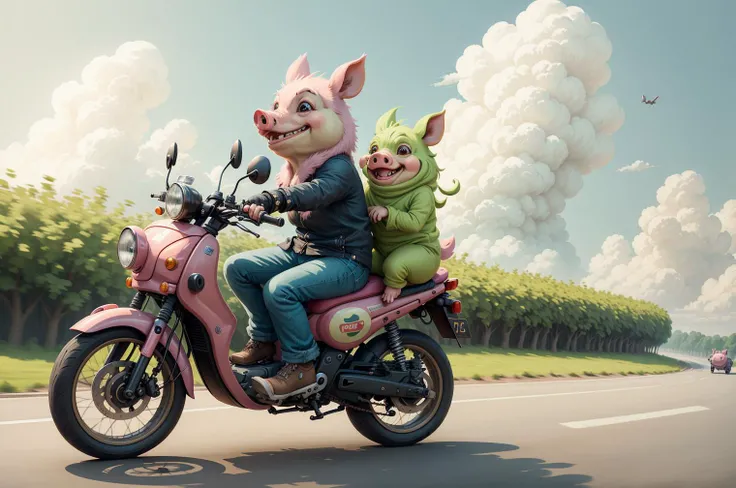 Fantz cartoon (two duo pigs:1.1) design, ultra detailed, random colors, riding a moped in the country, smiling, happy, action shot, wind, <lora:funnyCreatures_v20:1>