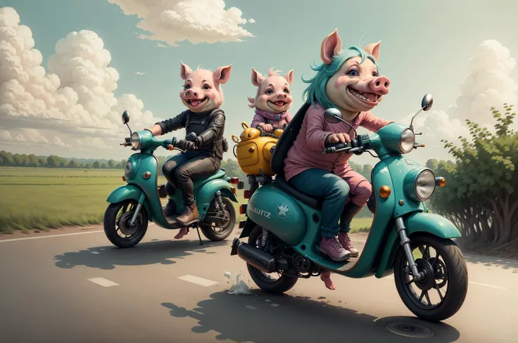 Fantz cartoon (two duo pigs:1.1) design, ultra detailed, random colors, riding a moped in the country, smiling, happy, action shot, wind, <lora:funnyCreatures_v20:1>