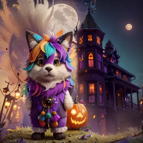 a small,colorful, fuzzy, fluffy fur,,cute,sacred, fantz creature. The background is a old victorian house decorated for Halloween. Halloween night, a full moon. <lora:Small_Mostersv2:0.8>