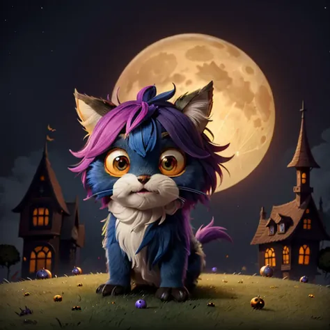 a small,colorful, fuzzy,cute fantz creature. The background is a old victorian house decorated for Halloween. Halloween night, a full moon. <lora:Small_Mostersv2:0.8>