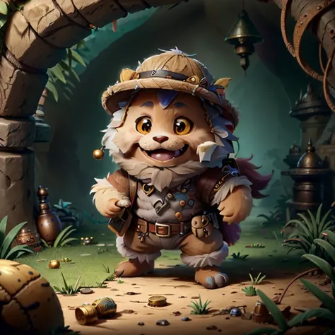 a small,colorful, fuzzy, fluffy fur,,cute,happy, fantz creature, dressed like Indiana Jones. the background is a large pile of coins <lora:Small_Mostersv2:0.8> <lora:ExpeditionStyle(1):0.8> <lora:JungleExpa:0.8><lora:JungleExp:1.0>