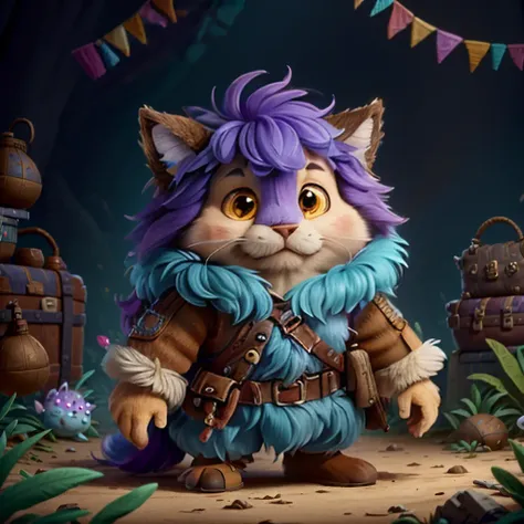 a small,colorful, fuzzy, fluffy fur,,cute,happy, fantz creature, dressed like Indiana Jones, the background is a party. <lora:Small_Mostersv2:0.8> <lora:ExpeditionStyle(1):0.8>