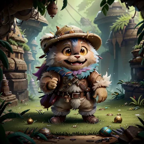 a small,colorful, fuzzy, fluffy fur,,cute,happy, fantz creature, dressed like Indiana Jones. the background is a large pile of coins <lora:Small_Mostersv2:0.8> <lora:ExpeditionStyle(1):0.8> <lora:JungleExpa:0.8><lora:JungleExp:1.0>