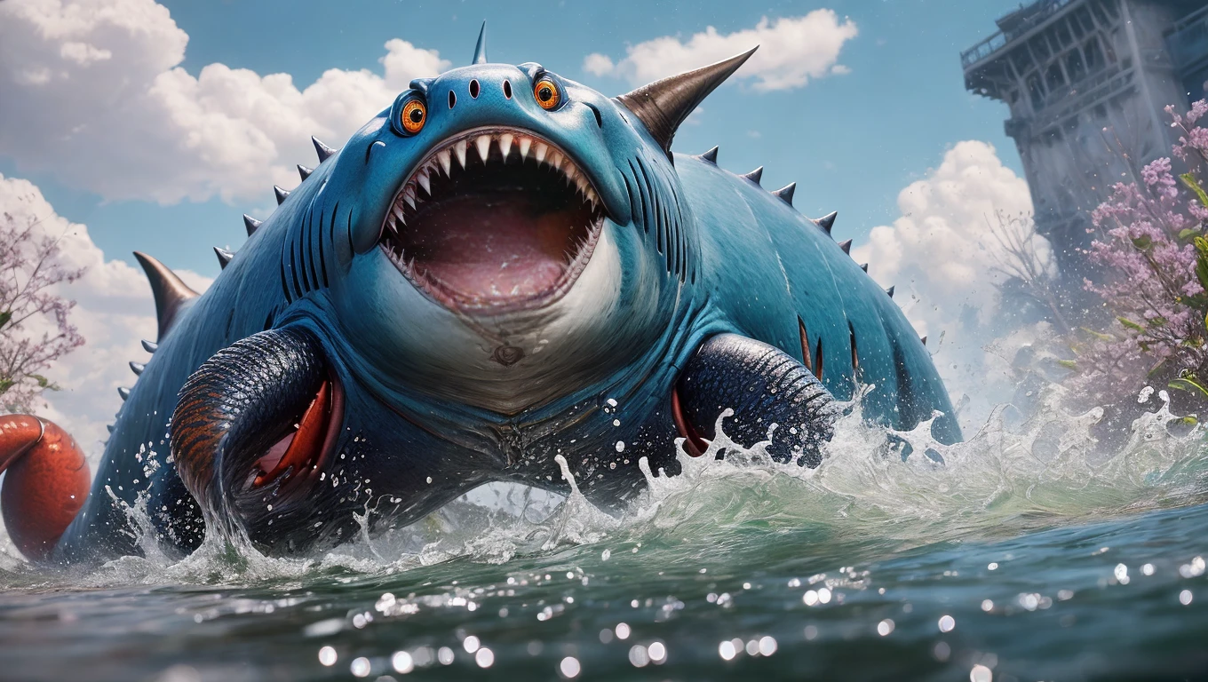A fantz monster design, funny, ultra detailed, cute,A mixture of shark and tiger, colorful, cross-eyed,The sea, waves, fight,Water is dancing around the body,Crab nipper,muscle,tentacle,blue and transparent water,<lora:funnyCreatures_v1:0.7>