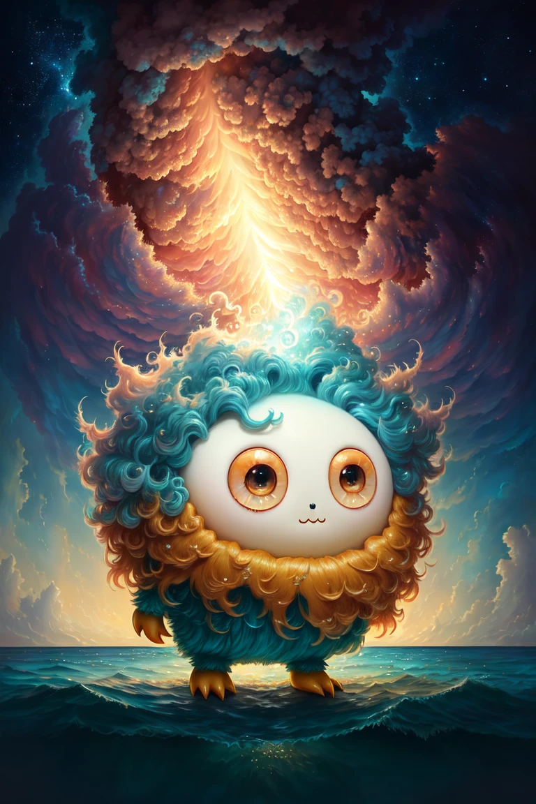 FANTZ MONSTER DESIGN, <lora:funnyCreatures_v1:0.25> a cute creature with hair made out of style-nebmagic, chibi style, super adorable,