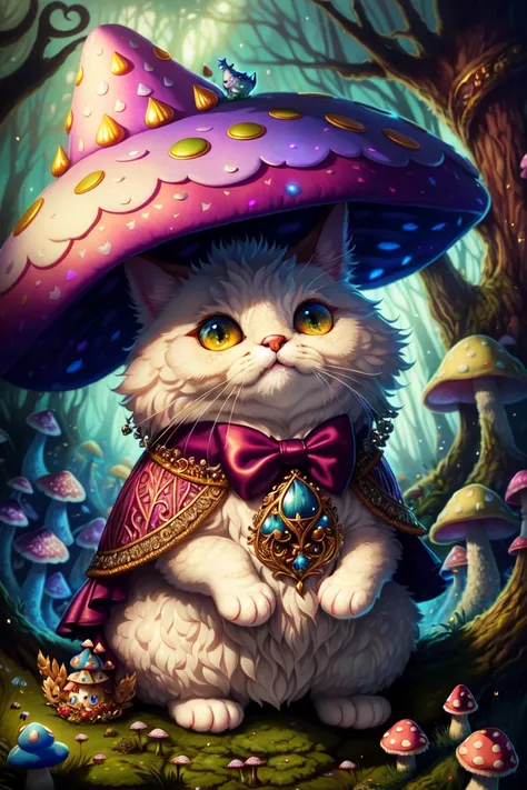 FANTZ MONSTER DESIGN,  <lora:funnyCreatures_v1:0.25> Award winning splash art of a cute fluffy cat wearing and suit and bowtie (sitting:1.1) on a magical toadstool in an( enchanted mushroom forest:1.1) in the [style-sylvamagic],( intricate details:1.2), beautiful eyes, sunlight, (high quality:1.2), trending on artstation, 8k, absurdres, (close up:1.1) (from side:1.1),