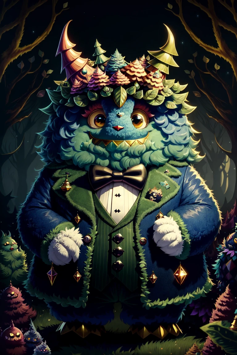 FANTZ MONSTER DESIGN, <lora:funnyCreatures_v1:0.25> A super cute fluffy monster wearing a tuxedo, in a (dark forest:1.2) background in the style-sylvamagic, 8k, absurdres, high quality