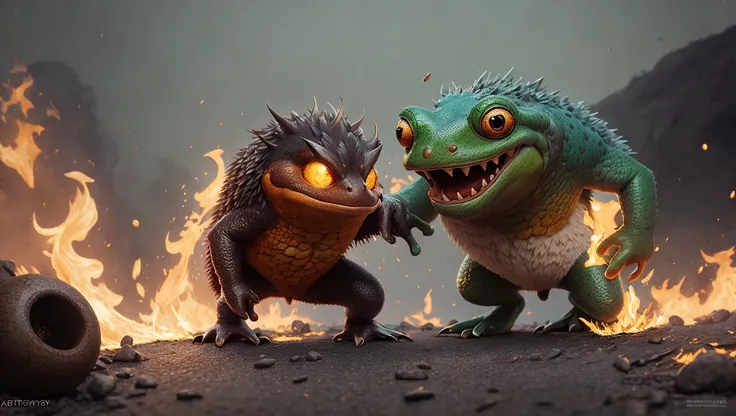 A fantz monster design, funny, ultra detailed, cute,Frog, hedgehog,colorful, cross-eyed, fight,muscle,Crater, lava, surrounded by fire,<lora:funnyCreatures_v1:0.7>  