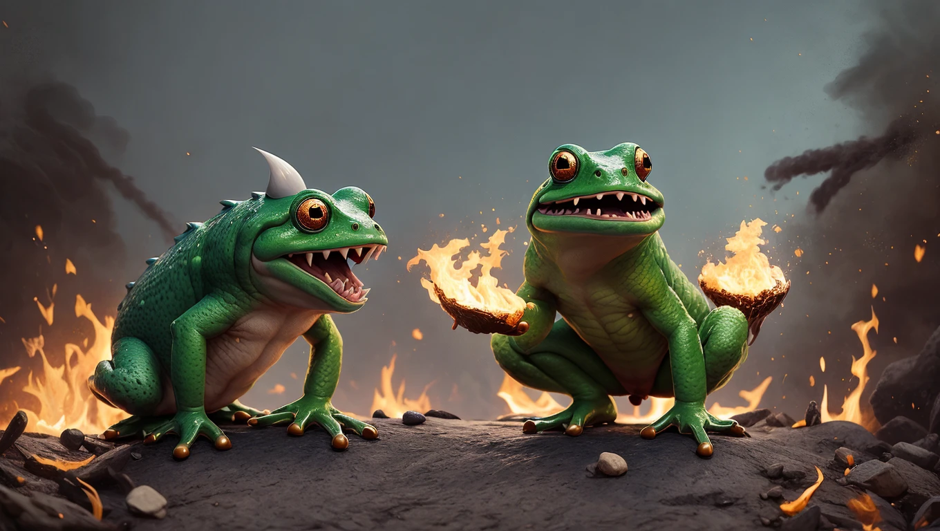 A fantz monster design, funny, ultra detailed, cute,Frog, Phoenix,colorful, cross-eyed, fight,muscle,Crater, lava, surrounded by fire,<lora:funnyCreatures_v1:0.7>