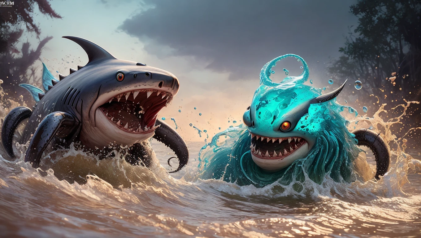 A fantz monster design, funny, ultra detailed, cute,A mixture of shark and tiger, colorful, cross-eyed,The sea, waves, Water is dancing around the body,Crab nipper,muscle,tentacle,blue and transparent water,<lora:funnyCreatures_v1:0.7>