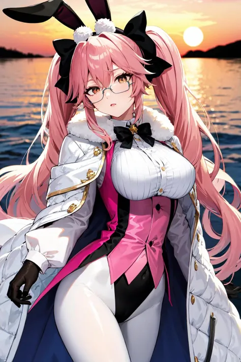 masterpiece, best quality, highres, cckoyans, long hair, twintails, hair bow, black bow, rabbit ears, glasses, large breasts, white cloak, collared shirt, white shirt, dress shirt, leotard, long sleeves, black gloves, underbust, corset, coattails, white pantyhose, <lora:koyanskaya_of_light_(fate)_v1:0.7>, outdoors, sunset, standing, cowboy shot