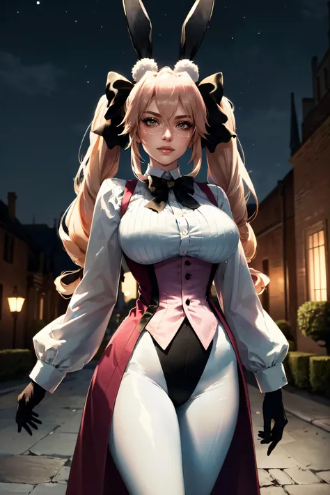 (masterpiece, best quality, ultra detailed, absurdres)1.5, 1girl, (sexy, beautiful woman, perfect face, perfect eyes, perfect female body, huge breasts)1.5, (koyanskaya \(fate\), cckoyans, long hair, twintails, hair bow, black bow, rabbit ears, glasses, collared shirt, white shirt, dress shirt, leotard, long sleeves, black gloves, underbust, corset, coattails, white pantyhose, , <lora:koyanskaya_of_light_(fate)_v1:0.7>), (standing, courtyard, modern mansion in background, night sky), perfect lighting, smooth, hdr
