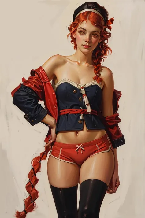(masterpiece), (best quality), (detailed), (highres), (aesthetic), Leyendecker, a best quality, masterpiece, painting, (orange eyes, red hair ribbon, headband, side braid), (highleg panties, highleg,shorts,thighhighs, off-shoulder jacket, oversized jacket, bare shoulders, tube top, puffy sleeves), intricate details, rich colors, 32k high contrast colors, detail texture, high detail 4k <lora:Leyendecker:0.7>