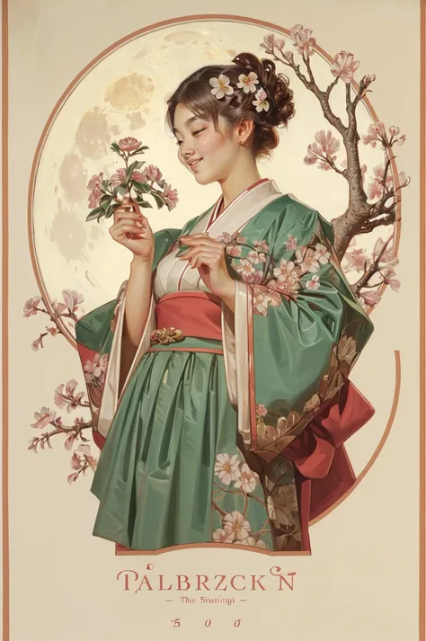(masterpiece), (best quality), (detailed), (highres), (aesthetic), (perfect composition), (poster), A 25-year-old beauty Taiwanese girl, Round face with sweet smile, Plump, uneven and good figure, in dress surrounded by huge pinky sakura with intricate patterns, squatting in front of a full moon, the soft light, Albert Watson style, minimalism, elegant light green, dynamic posture, oriental minimalism, soft and rounded forms, Leyendecker, (masterpiece, top quality, best quality, beautiful and aesthetic:1.2), colorful, finely <lora:Leyendecker:0.7>