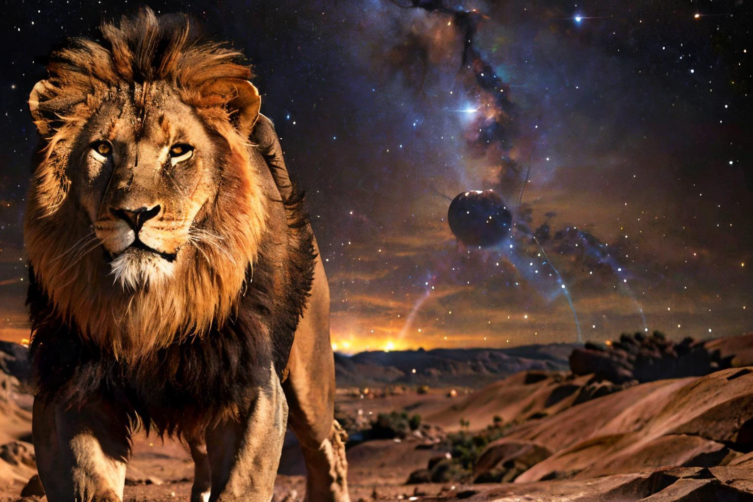 space desert landscape (masterpiece, best quality:1.2), ultra-detailed, lion walking, (realistic:1.5), <lora:EdobLion_v1.0:0.8> <lora:SyFyEye1_v1.0:0.8>