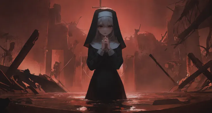 1girl, black gothic dress, nun habit, hands together, white hair, standing, cute, bangs, red eyes, parted lips, tears, red background, red ocean, ((red water)), (colossal crosses sticking out of water),chiaroscuro, (multiple giant crosses), colored sclera, black sclera, dynamic lighting, reflections, refraction, ray tracing, windy, bloody rain, long hair, subsurface scattering, caustics, fluorescent colors, ((surrounded by multiple crosses:)), god rays, volumetric light, ambient lighting, (bloody water), rapture, (red sky), (tired expression)best quality, very aesthetic, absurdres, post-processing