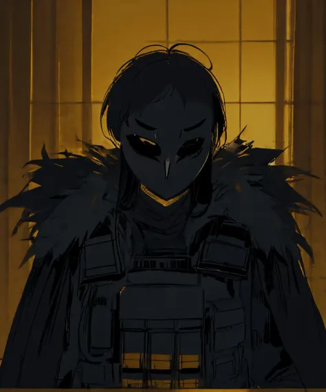 yellow theme,spe,1girl,dark theme,black coat,fur trim,long hair,black hair,two-tone hair,(shoulder_armor:0.9),(((masked:1.5))),mask,upper body,bulletproof vest,indoors,solo,<lora:special_forces-04:0.8>,<lora:LowRA:0.3>,<lora:BinahA:0.8>,