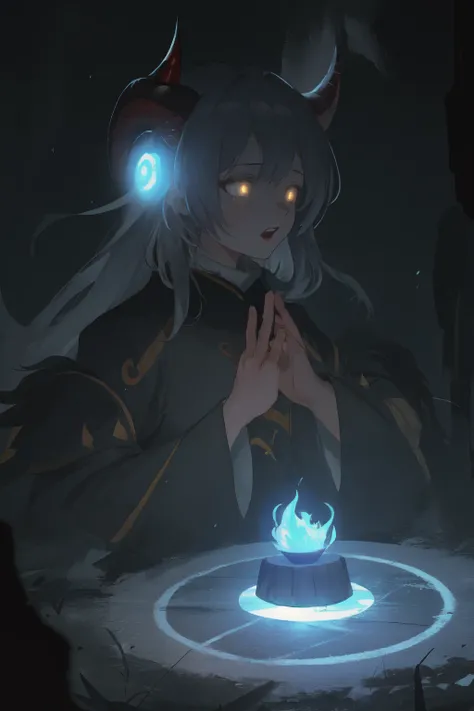 1girl with goat horns, Summoning circle, dark magic, conjuring ritual, chanting, (black fur), glowing eyes,