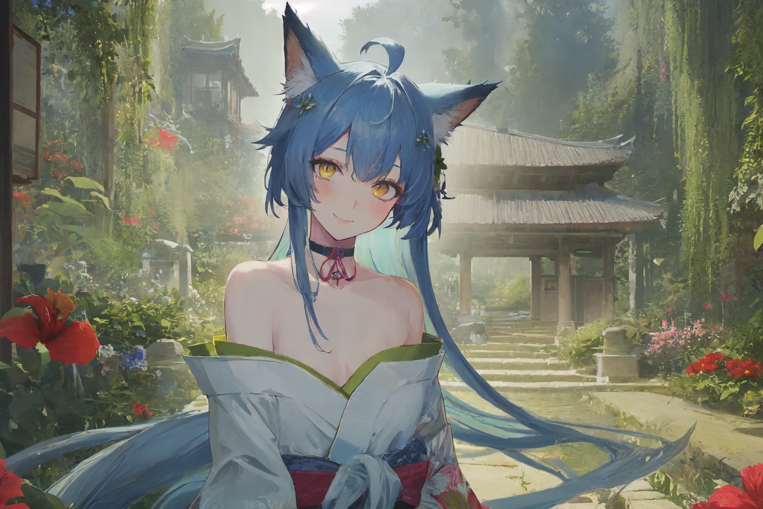 shadows, outline, shrine, ((garden, hibiscus)), overgrown upper body, blush, head tilt, 1girl, blue hair, absurdly long hair, ahoge, yellow eyes, long fox ears, sidelocks, fox tails, light smile, looking at viewer, floating hair, flower hair ornament, kimono, off shoulder, bell choker