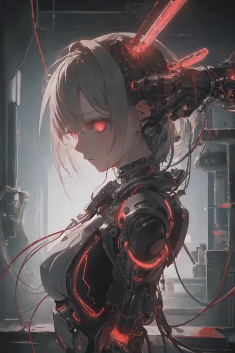 (masterpiece, top quality, best quality, official art, beautiful and aesthetic:1.2), 1girl, glowing eyes, facing camera, neon details, mechanical limbs,blood vessels connected to tubes,mechanical cervical attaching to neck,wires and cables connecting to head,blood,from side