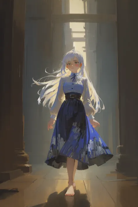 masterpiece detailed 1girl monet-color standing mountainous-horizon forest lush-forst floral-print (blue-dress-with-waist-belt white-long-sleeve:1.2) close-shot white-hair long-hair full-body barefoot post-impressionist (face-upward:0.7) soft-lighting