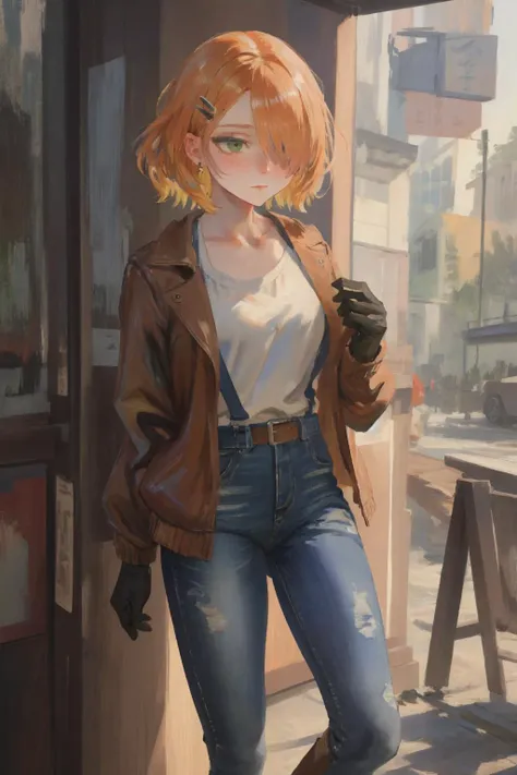 monet-color smirk oil-painting post-impressionist high quality colorful masterpiece medium wavy orange hair hair over one eye green eyes freckles jeans suspenders tanlines boots hairclip gloves belt brown bomber jacket