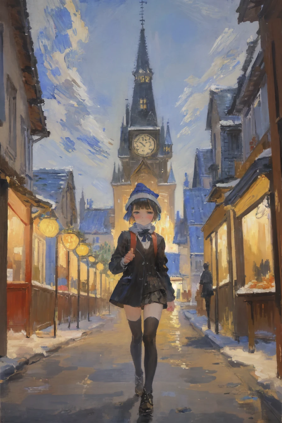 (((oil painting:1.3, monet color:1.1, post-impressionist, Post Impressionist, soft lighting))), (cathedral in far background:1.1, depth of field:1.1, outdoors, wide shot:1.1), cowboy shot, winter, snowy, cloudy, town scenery, age, 1girl, lovely, black plaid miniskirt, knit turtleneck sweater, black open duffel coat, knit hat, scarf, backpack:1.1, blunt bangs, short hair, half updo, cute face, beautiful eyes, small breasts, npmaybe, akebi, wind lift one side of miniskirt, black thighhighs, walking, bowtie, daylight, simple background, nice hands, perfect hands, slender,