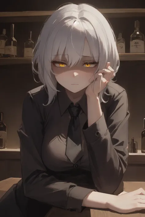 masterpiece, best quality, upper body, 1girl, white hair, yellow eyes, detailed eyes, half-closed eyes, shaded face, black necktie, medium breasts, collared shirt, black pants, sitting, elbow rest, (in a bar)