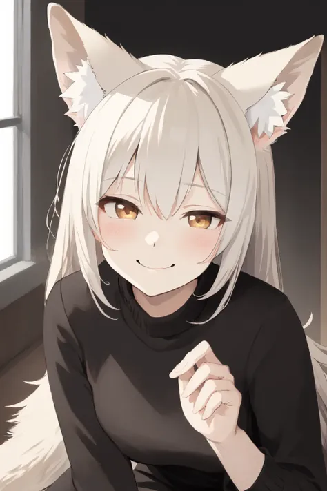 1girl, (aquatint:1.3), fennec fox, large ears, animal ear fluff, large ears, white hair, jitome, leaning forward, smile, naughty face, black sweater