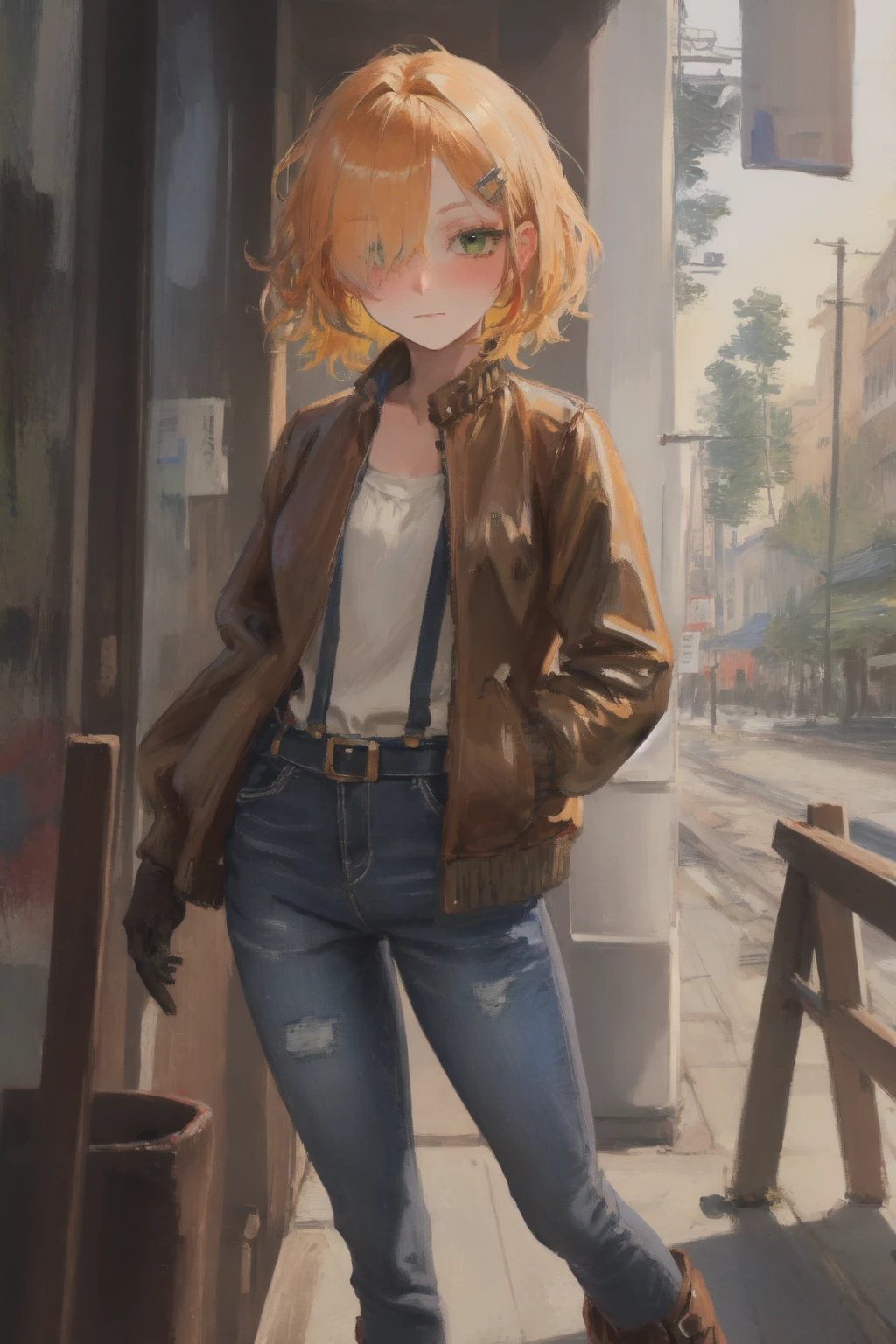 monet-color smirk oil-painting post-impressionist high quality colorful masterpiece medium wavy orange hair hair over one eye green eyes freckles jeans suspenders tanlines boots hairclip gloves belt brown bomber jacket
