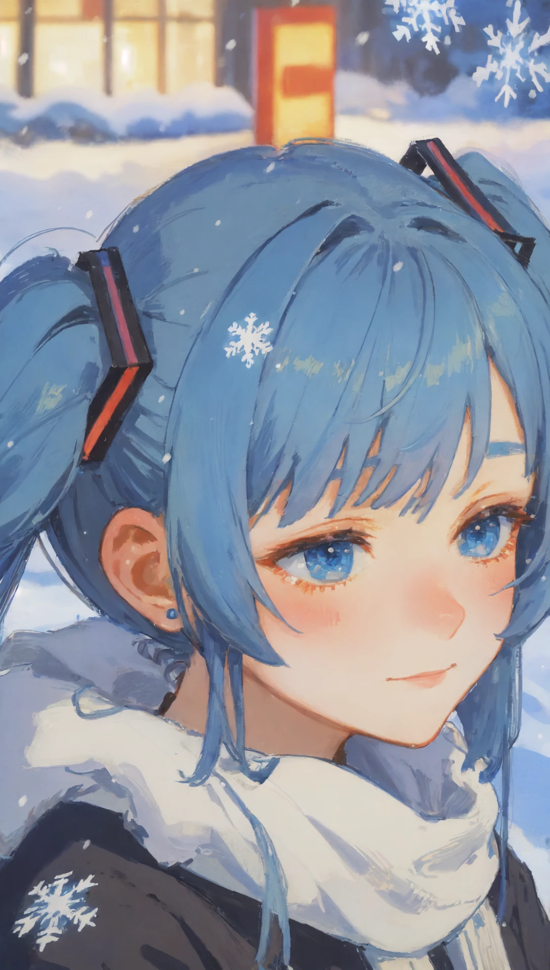 post-impressionist, high quality, colorful, masterpiece
hatsune miku, blue hair, twintails, shy, light smile, blue eyes, winter clothes, white scarf, winter coat, gloves fur trim, looking down, face focus, outdoors, snowing, snowflakes, winter
