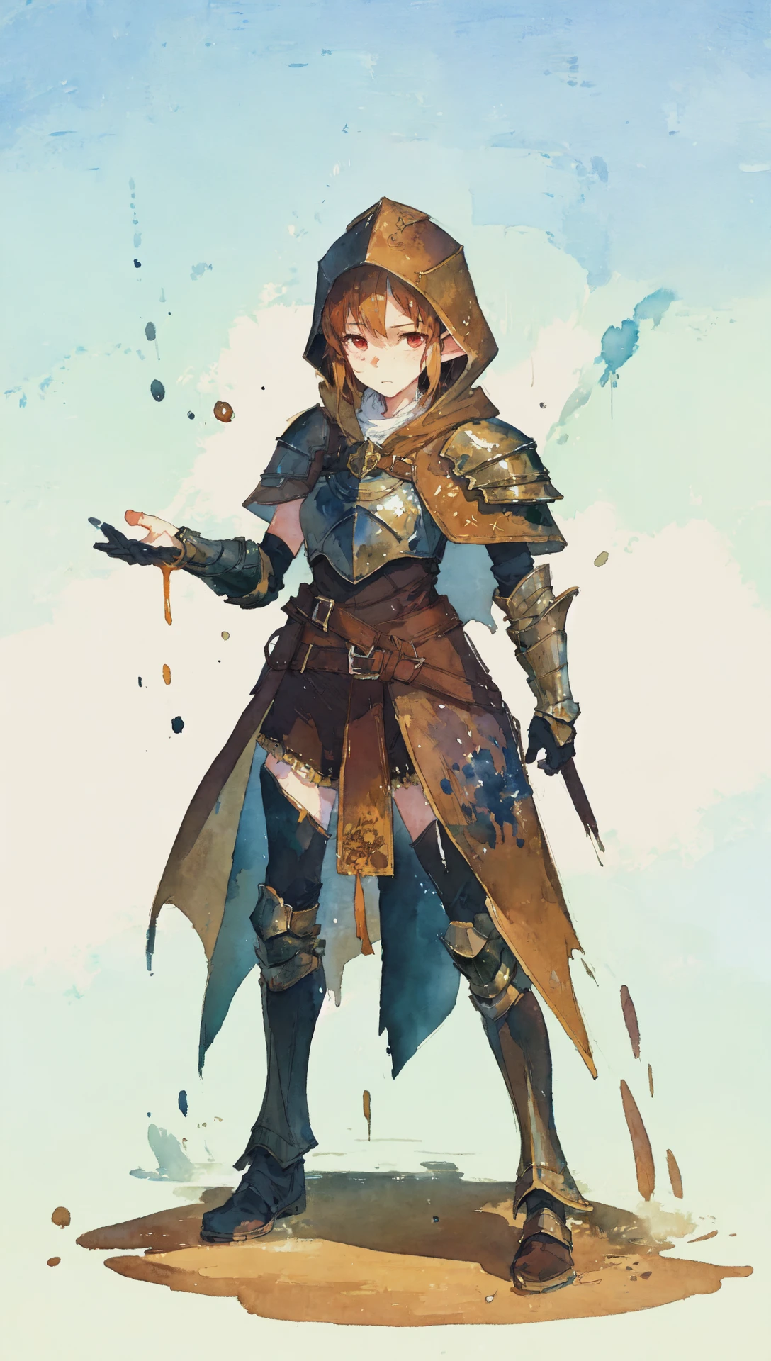 1girl, pointy ears, leather armor, fantasy, ranger, hooded cloak, solo, crouching, 1girl, ink splash, sketch, (watercolor \(medium\):1.1), [anime line art:0.2], full body, splash art, by carne griffiths