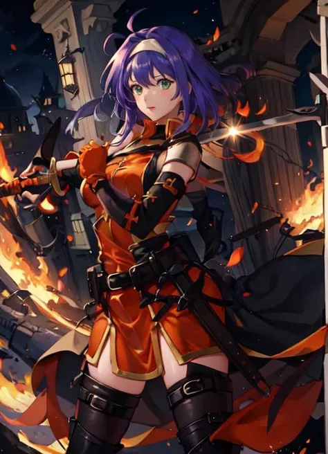 masterpiece, best quality,1girl,scathackl2, weapon, polearm, breasts, spear, gae bolg (fate), fire, holding, pauldrons, looking at viewer, holding weapon,(kbxll:0.6)