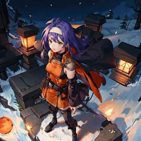 <lora:mia-fef> mia fe, 1girl, solo, orange skirt, black undershirt, detached sleeves, black sleeves, thigh boots, forest, night, bloodmoon
