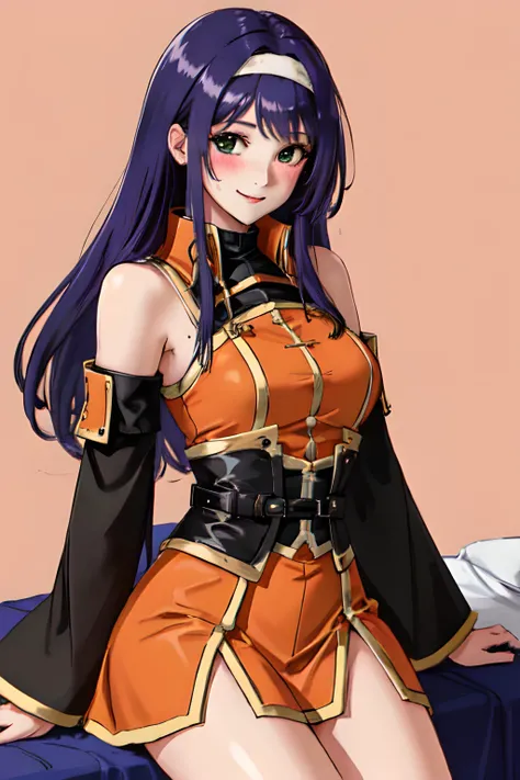 <lora:mia-10:0.8>, mia fe, 1girl, solo, looking at viewer, blush, bedroom background, seductive smile, thick thighs, orange skirt, detailed face, detached sleeves, black sleeves