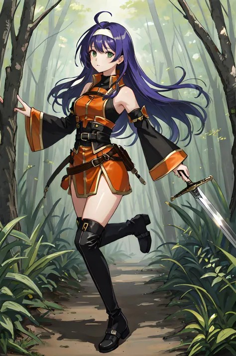<lora:mia-10:0.8>, mia fe, 1girl, solo, looking at viewer, forest background, expressionless, full body, thick thighs, orange skirt, detailed face, detached sleeves, black sleeves, thigh boots, (sword)