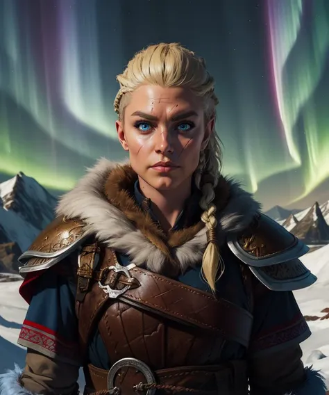 Eivor,scar on face,blonde hair,blue eyes,side braid,
leather armor,fur trim,
standing,looking at viewer,upper body, serious, 
northern lights,mountains,cold,
(insanely detailed,   masterpiece, beautiful detailed eyes, best quality),<lora:Eivor:0.8>,