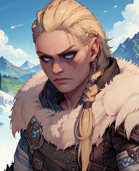 score_9,score_8_up,score_7_up,score_6_up,
eivorxl,scar on face,blonde hair,blue eyes,side braid,
leather armor,fur trim,
standing,looking at viewer,upper body,serious,
northern lights,mountains,<lora:Eivor-AS-11XL:0.9>,