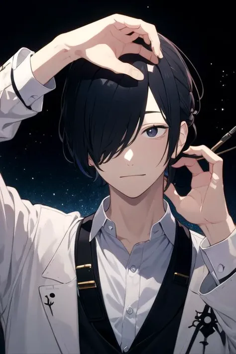 masterpiece, best quality, wallpaper, 1boy, solo, male focus, looking at viewer, upper body, , <lora:motoharu_igarashi:0.68>, motoharu_igarashi, black hair, black eyes, hair over one eye, vampire costume, science fiction hardboiled,