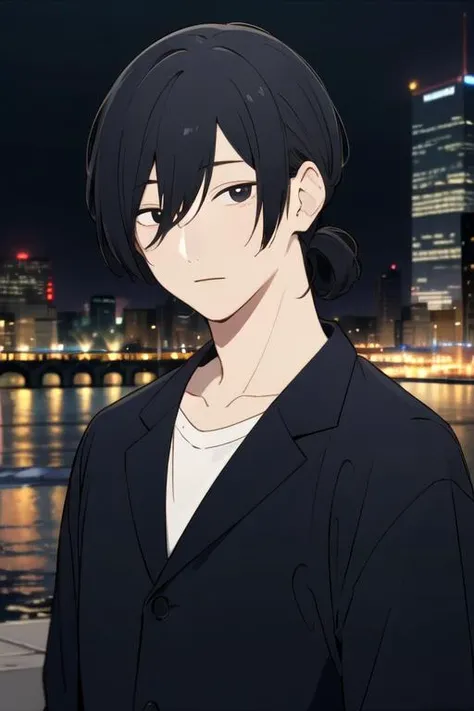 masterpiece, best quality, wallpaper, 1boy, solo, male focus, looking at viewer, upper body, depth of field, <lora:motoharu_igarashi:0.66>, motoharu_igarashi, black hair, black eyes, , , , The City of Glas, 16k resolution