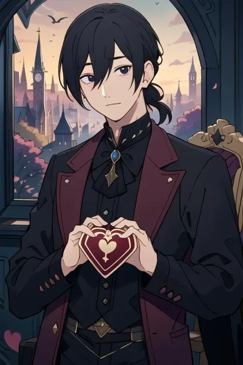 masterpiece, best quality, game cg, 1boy, solo, male focus, looking at viewer, , , <lora:motoharu_igarashi:0.72>, motoharu_igarashi, black hair, black eyes, hair between eyes, gothic costume, Wonderland: A wild and fantastical place, ruled by the Queen of Hearts,