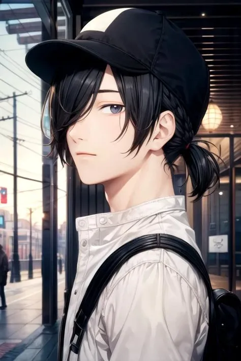 masterpiece, best quality, game cg, 1boy, solo, male focus, looking at viewer, upper body, , <lora:motoharu_igarashi:0.70>, motoharu_igarashi, black hair, black eyes, hair over one eye, , ski hat, , 12k resolution