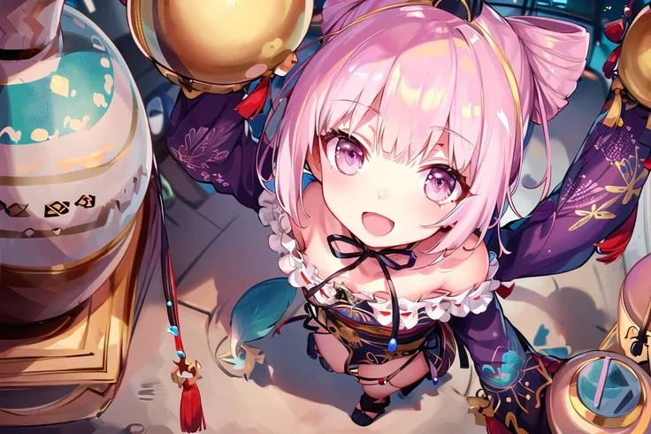 sfw, 1girl, (8k, best quality, masterpiece:1.2), (perfect lighting:1.2), (full body, from above:1.3), 
a photo of a girl of extremely tiny adult petite, cornelia \(atelier\), hair ornament, hat, off shoulder, japanese clothes, sleeves past wrists, sleeves past fingers, 
her hight was shrunken to less than a palm by her own magic power, oversized object, standing on next of (giant pottery higher than own tall:1.5) on table, selling it in own shop,
detailed eyes, detailed face,
relaxed, :D,  (looking at viewer:1.2), (dynamic pose:1.1),
 <lora:corneliaAtelier_v10:0.7>