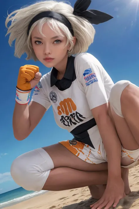 1girl, solo, white hair, short hair, tan, bodysuit, black bodysuit, print shirt, print shorts, hairband , squatting, spread legs, knee pads, clenched fist, single glove,
looking at viewer, outdoors, beach, sky, sun,(masterpiece:1.2), best quality, high resolution, extremely detailed face, perfect lighting, extremely detailed CG, (perfect hands, perfect anatomy),
<lora:PKMN_Bea-DEF:0.8>