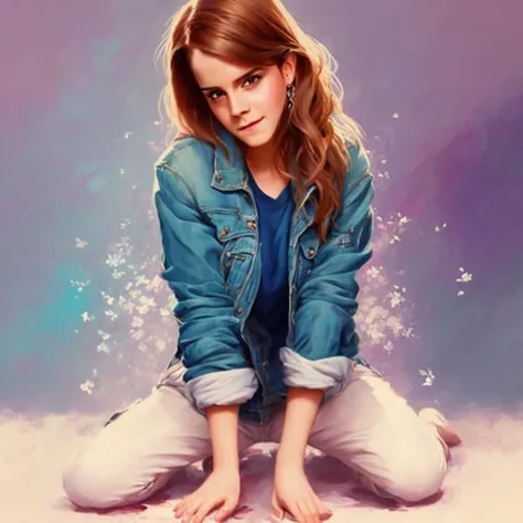 ((emma watson)) woman posing, (full body), ((kneeling on the floor)), (wearing casual clothes:1.5), confident smile, (detailed face), half life 2, in the style of greg rutkowski, (realistic anime), beautiful face, trending on pixiv, detailed, (clean lines), (sharp lines), (crisp lines), award winning illustration, masterpiece, 4k, in the style of eugene de blaas, ((in the style of ross tran)), intricately detailed, [in the style of romanticism:0.3], cinematic, artstation, ((colorful))