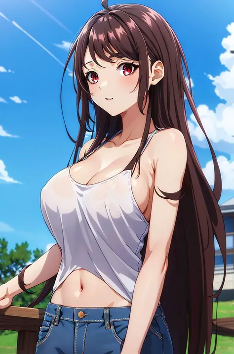masterpiece,high quality,4k,outdoor,soda drink,sky,casual dress,jeans, <lora:KaoriHojo:0.7>bangs,long_hair,red_eyes,big breast,brown hair,bare shoulder,bare belly