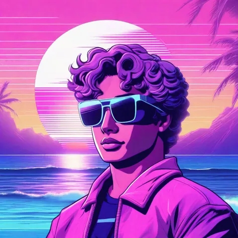 Vaporwave digital art of a 90s video game character enjoying a beach sunset. Nostalgic, aesthetic, calming, retro.