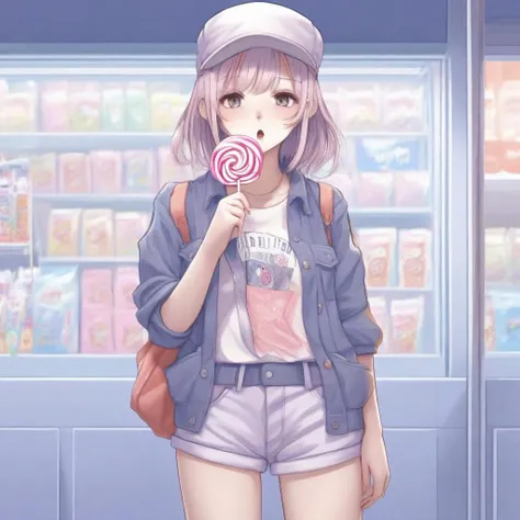 anime girl, tomboy, (slutty casual clothes), wide hips, thick thighs, hands in pocket, sucking on a lollipop, pastel, skindentation, intricate, detailed, digital art