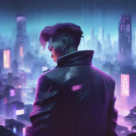 Futuristic dystopian concept art of a cyberpunk detective overlooking a neon cityscape in Tokyo. Dark, moody, atmospheric, teeming, vibrant, intense