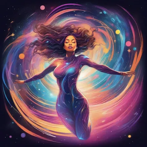 illustration of a beautiful woman floating in space, energy swirls wrapping around her, astral, cosmic, vivid colors
high quality, thick lines